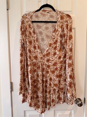 Free People Cream and Brown Floral Long-Sleeve Dress